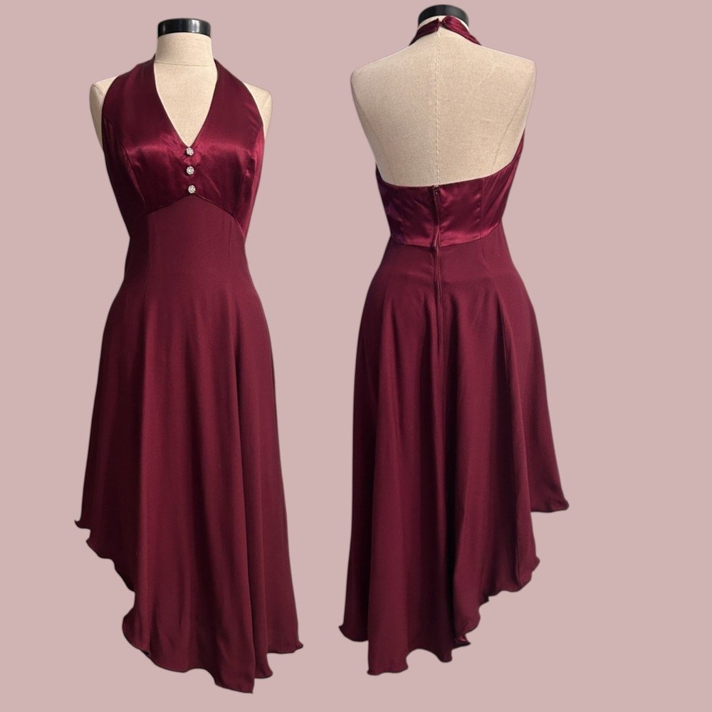Vintage Burgundy Halter High-Low Asymmetrical Evening Dress Small Formal Dance